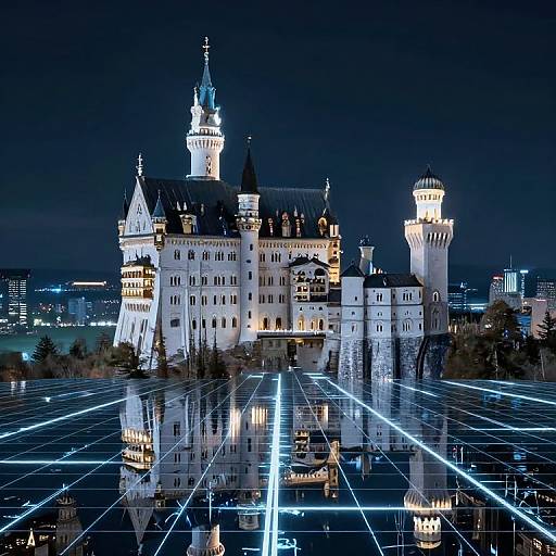Photograph of a illuminated, fairy-tale castle at night, reflecting on a grid of blue LED lights in the foreground.
