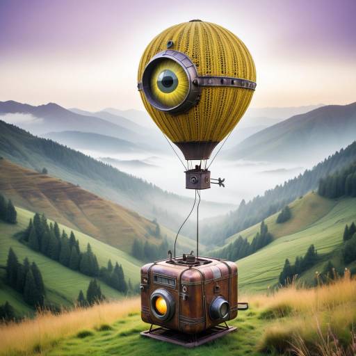 Steampunk Hot Air Balloon with Giant Eye Over Misty Mountains