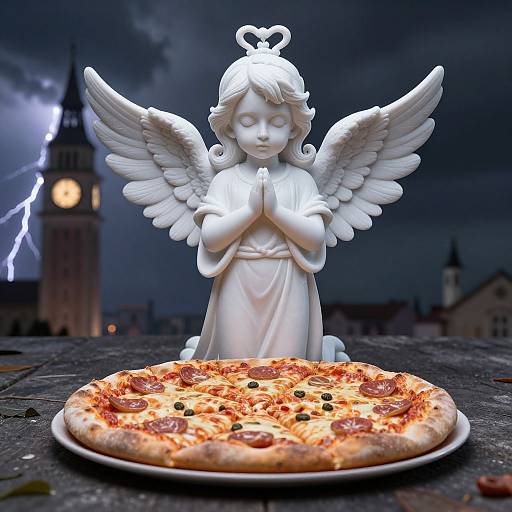 Photograph of a white angel statue with wings, hands in prayer, standing over a pepperoni pizza on a stormy night, with a lightning strike