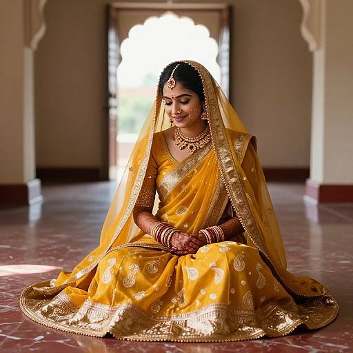 Photograph of a South Asian bride in a golden-yellow saree with intricate gold embroidery, seated on a marble floor, wearing traditional jewelry and a red
