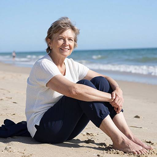 Photograph of a smiling middle-aged woman with short gray hair, wearing a white top and black pants, sitting on a sunny beach with blue ocean and