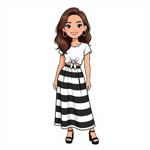 Cartoon-style drawing of a smiling woman with long brown hair, wearing a white tied-sleeve top, black and white striped skirt, and black