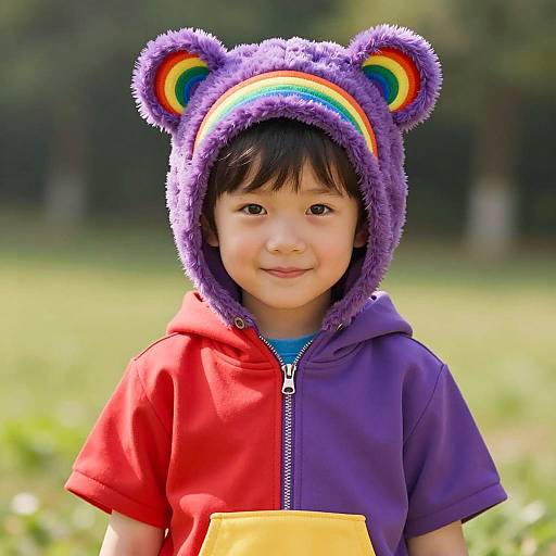 Child in Purple Rainbow Bear Hat and Colorful Hoodie