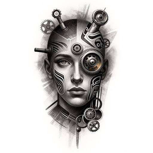 Digital black-and-white portrait of a face with mechanical gears and cogs integrated into the head, blending human and machine elements.