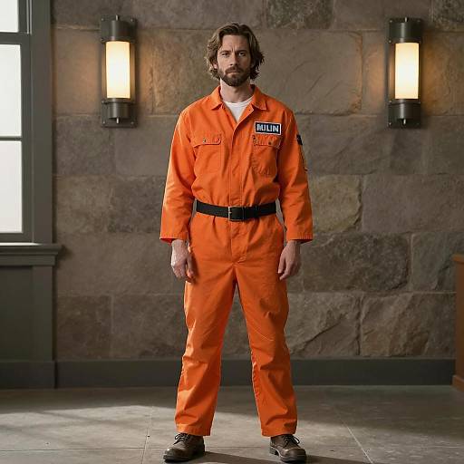 Man in Orange Prison Jumpsuit Standing Indoors