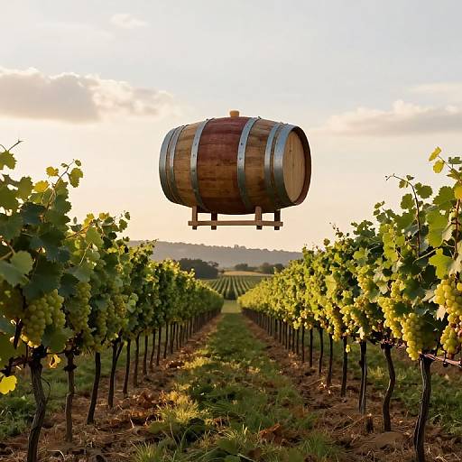 Photograph of a floating wooden barrel over vineyard rows at sunset, with green grapevines on both sides and a cloudy sky.