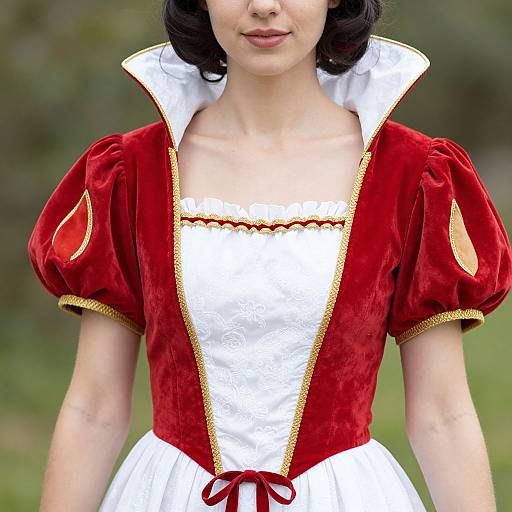 Photograph of a woman in a red velvet and white satin Snow White costume, with puffed sleeves, gold trim, and a white collar, standing