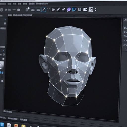 CGI digital rendering of a geometric, wireframe human face on a black background, displayed in a 3D modeling software interface.