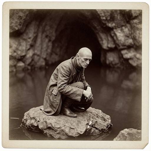 Black-and-white photograph of a bald, middle-aged man in a long coat, squatting on a rock in a cave-like setting by a reflective water