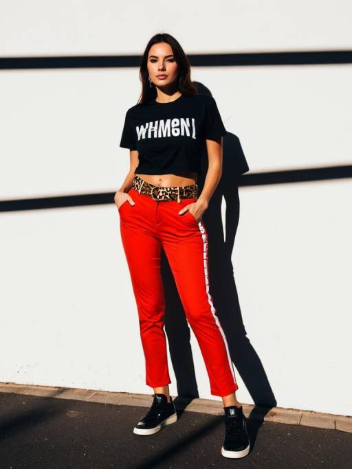 Woman in Black Crop Top and Red Pants