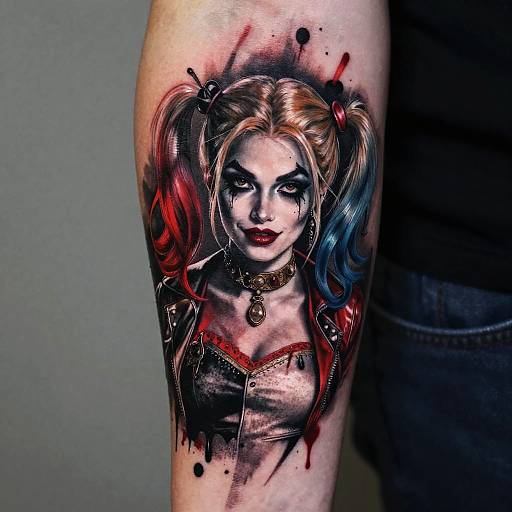 Photograph of a detailed tattoo on a person's arm featuring a black-and-white, realistic Harley Quinn with red and blue pigtails, dark makeup