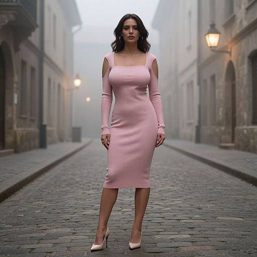 Photograph of a woman with wavy dark hair, wearing a pink, long-sleeve, cut-out dress, and nude high heels, standing