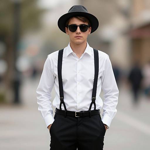 Photograph of a young man in a white shirt, black suspenders, black pants, black hat, and sunglasses, standing on a blurred urban street