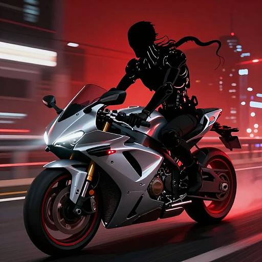 Silhouetted motorcyclist in black leather and helmet, riding a sleek silver motorcycle at night, illuminated by red city lights. Dynamic, high