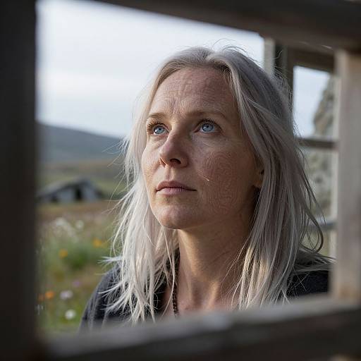 Photograph of a middle-aged woman with long, silver hair and blue eyes, gazing thoughtfully through a window, sunlight highlighting her face. Background