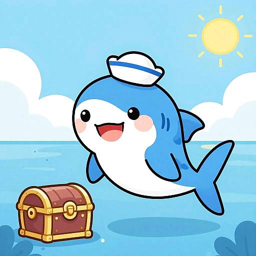 Cute Blue Shark with Treasure Chest