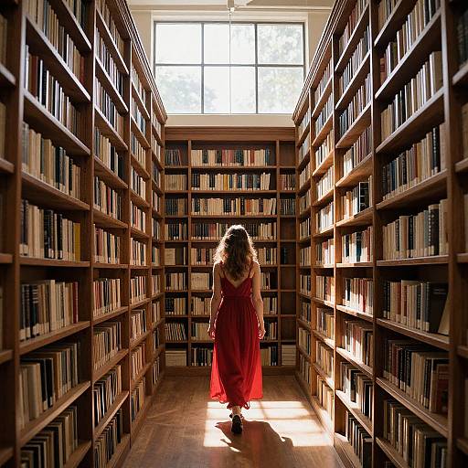 Photograph of a woman with curly brown hair, wearing a red dress, walking away from sunlit library shelves filled with books.