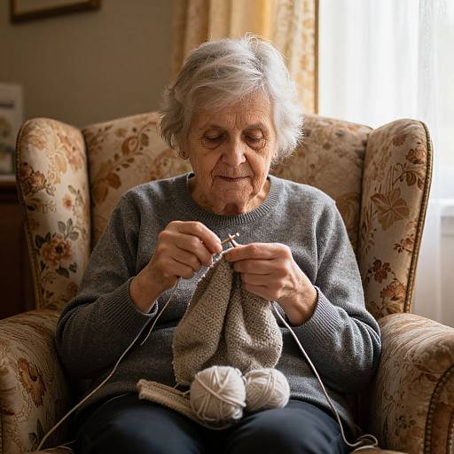 Photograph of elderly woman with short gray hair, wearing gray sweater, knitting white yarn in floral armchair, soft sunlight illuminates her focused expression.