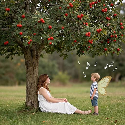 Photograph of a woman in a white dress sitting under a cherry tree, with a blonde child in striped shirt and fairy wings, musical notes floating above