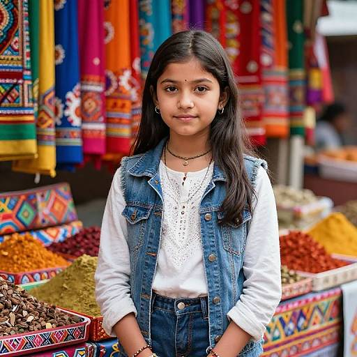 Photograph of a young Indian girl with long black hair, wearing a white lace top and denim vest, standing in front of vibrant, colorful spice stalls