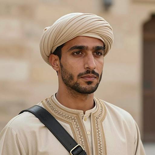 Middle Eastern Man in Traditional Turban and Embroidered Clothing