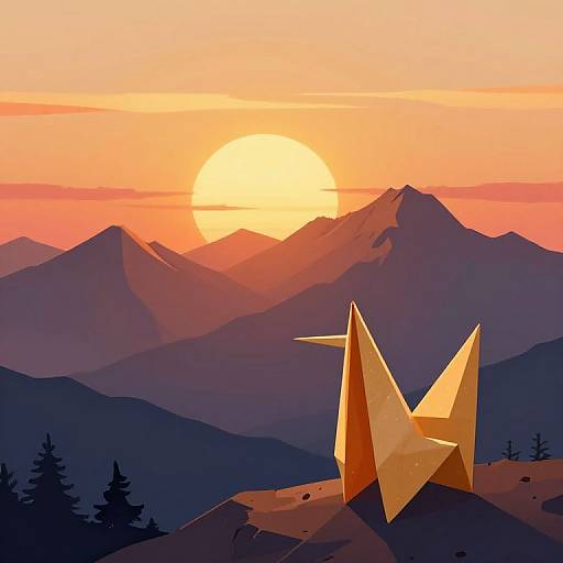 Digital art of a golden star sculpture on a mountain peak at sunset, with orange and pink sky, silhouetted mountains, and pine trees in