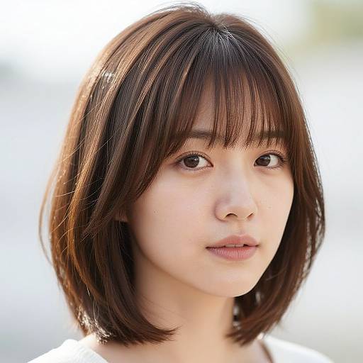 Photograph of a young Asian woman with straight, dark brown bob haircut, bangs covering her forehead, light skin, and neutral expression, against a
