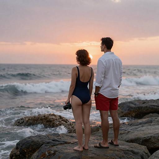 Sunset Couple on Rocky Shoreline
