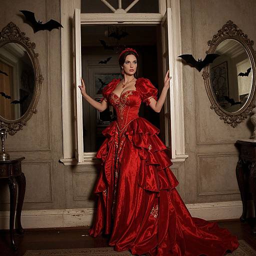 Photograph of a woman in a dramatic, red, Victorian-style gown with ruffles, standing in a dimly lit, ornate room with bat