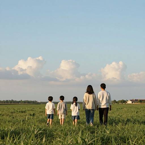 Photograph of a family with three children and an adult woman walking away in a green field under a clear blue sky with white clouds.