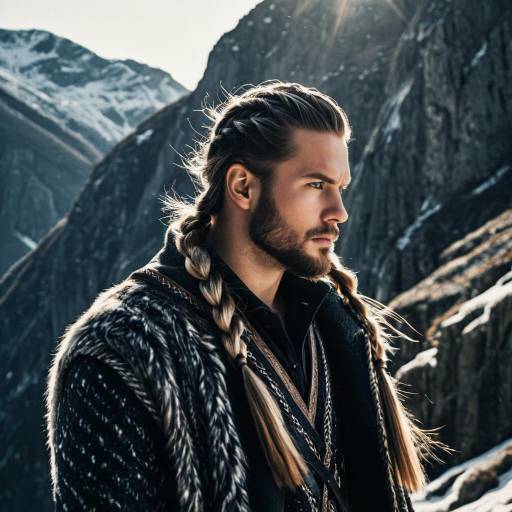 Male Model with Viking Braids in Mountain Cliff Male Model with Viking Braids in Mountain Cliff
