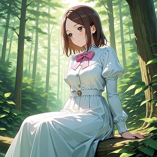 Anime Girl in White Dress Sitting in Forest