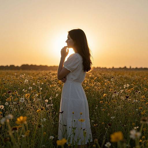 Photograph of a woman in a white dress, silhouetted against a sunset, standing in a sunlit wildflower field, touching her chin