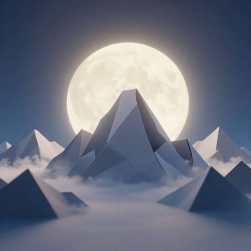 Digital art of a luminous full moon behind a cluster of sharp, blue-gray geometric mountains, partially obscured by floating clouds.