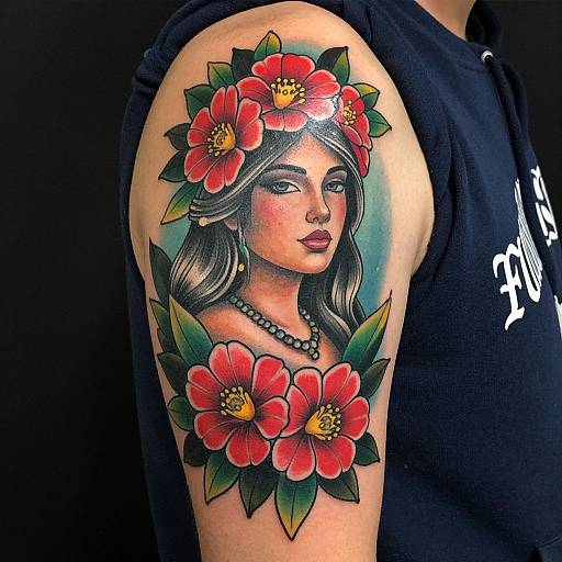 Tattoo of a woman with long hair, red flower crown, necklace, and red flowers on a dark blue background on a person's upper arm