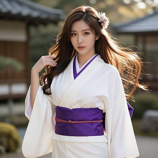 Photograph of an Asian woman with long brown hair, wearing a white kimono with a purple obi, standing outdoors with a flower in her hair