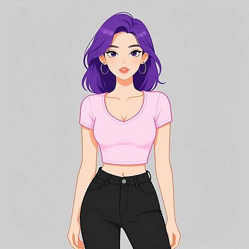 Digital anime-style drawing of a young woman with purple hair, wearing a white crop top and black high-waisted jeans, standing against a light blue