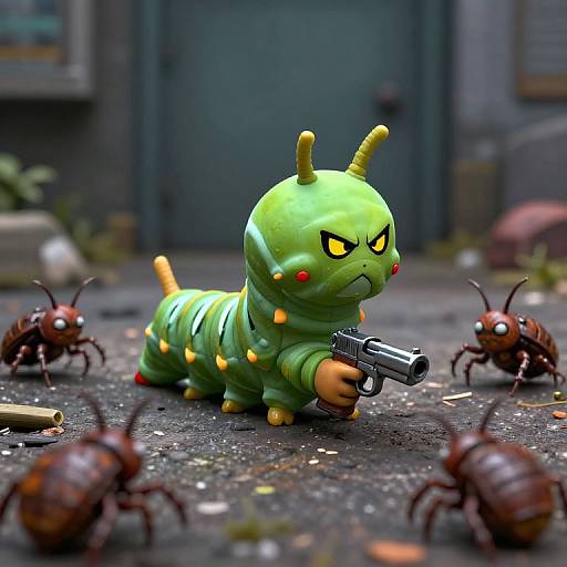 CGI image of a green, angry caterpillar with yellow antennae, wielding a silver gun, surrounded by four brown beetles on a gray,
