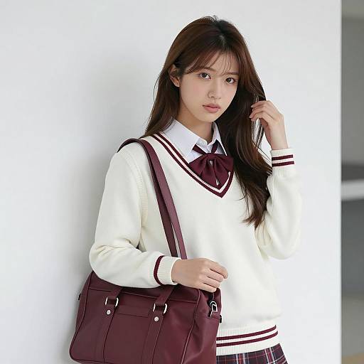 Asian Woman in School Uniform Holding Bag