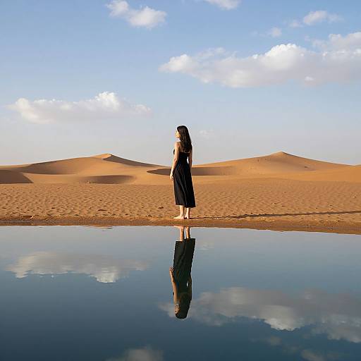 Photograph of a woman in a black dress standing by a reflective desert oasis, mirroring her image in the water, with golden sand dunes and