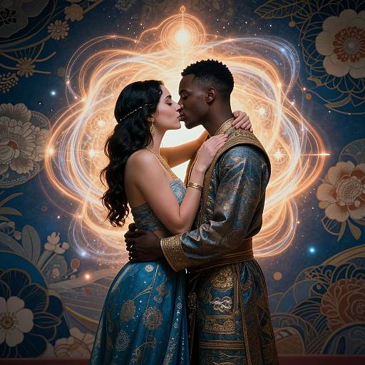 Photograph of a loving interracial couple kissing, dressed in elaborate blue and gold traditional attire, surrounded by glowing light and floral-patterned backdrop.