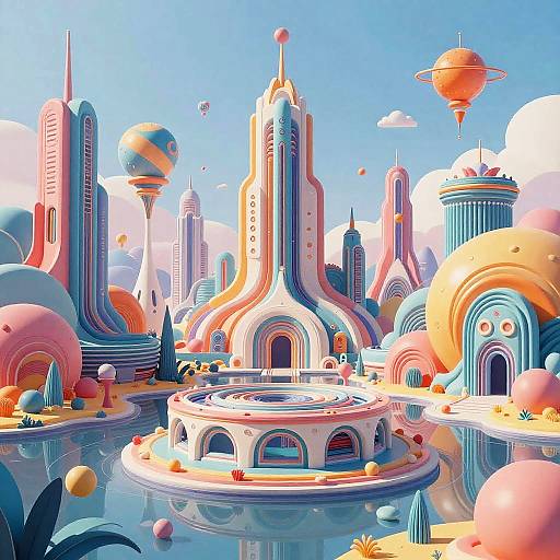 Bright, surreal digital artwork of a futuristic cityscape with colorful, cylindrical skyscrapers, floating spheres, and a central circular building with a reflective pond