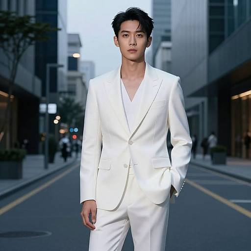 Photograph of an Asian male model in a sharp white suit, walking confidently down a city street at dusk. Modern urban background with blurred buildings and dim