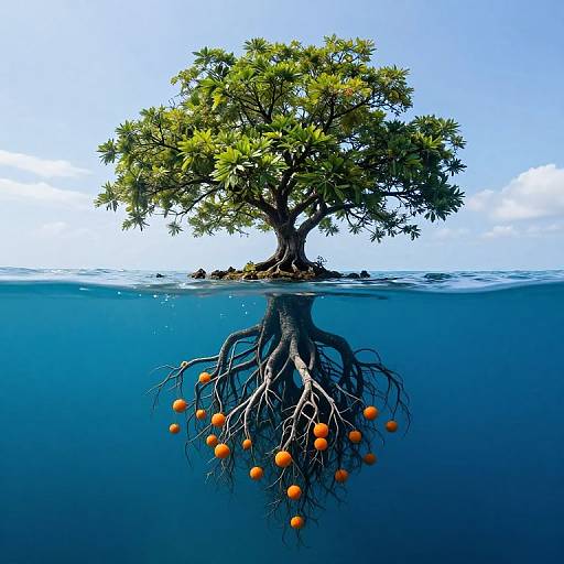 Photograph of a lone, lush tree with orange fruit, its roots visible underwater, against a clear blue sky and sea background.