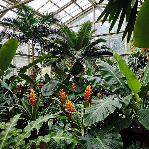 Photograph of a lush greenhouse interior, filled with vibrant tropical plants, including large green leaves, red and orange bird-of-paradise flowers, and