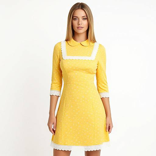 Photograph of a young woman with straight brown hair wearing a bright yellow dress with white lace trim, standing against a plain white background.