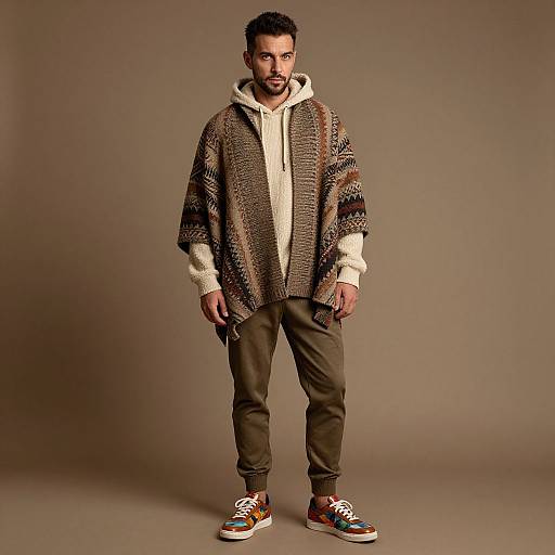 Photograph of a bearded man with short dark hair wearing a brown patterned sweater, cream hoodie, olive pants, and colorful sneakers against a plain