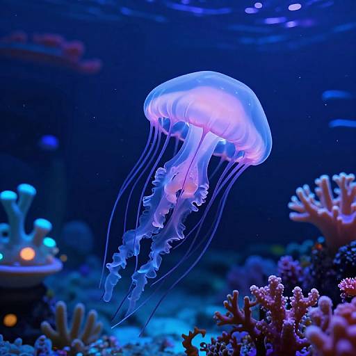 Photograph of a glowing, translucent blue jellyfish with long, wavy tentacles, floating above a colorful coral reef in a dark blue underwater scene