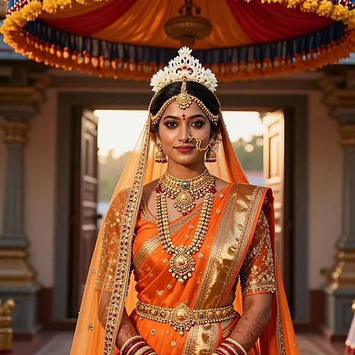 Photograph of an Indian bride in an orange and gold traditional saree with intricate jewelry, white floral headpiece, standing in front of a decorated arch