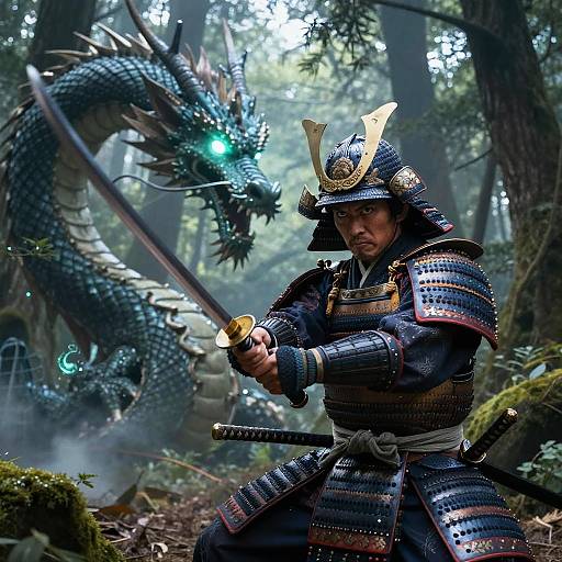 Samurai vs Dragon in Mystical Forest